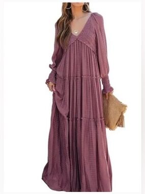 Tiered V-Neck Maxi Dress in Mauve